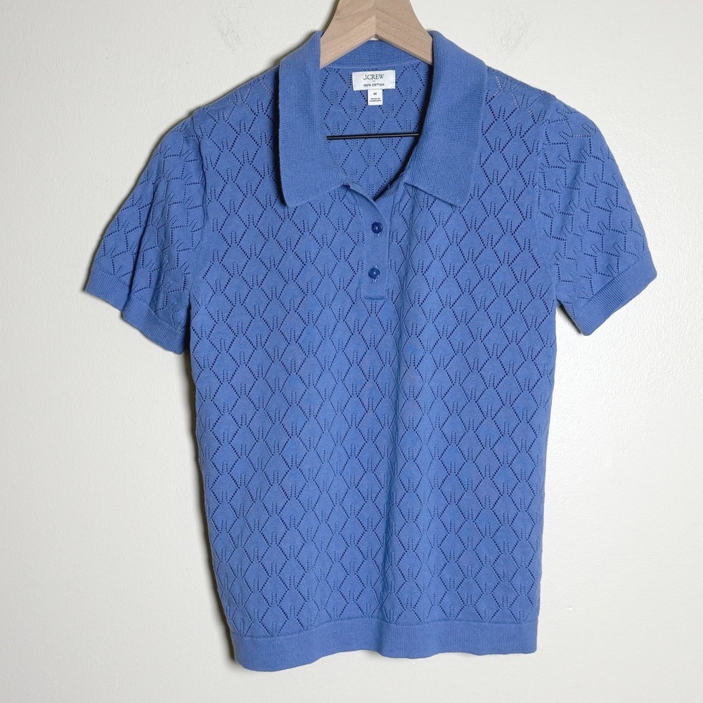 J.Crew Women 100% Cotton Polo M Blue Pointelle Knit Preppy Coastal Grandmacore